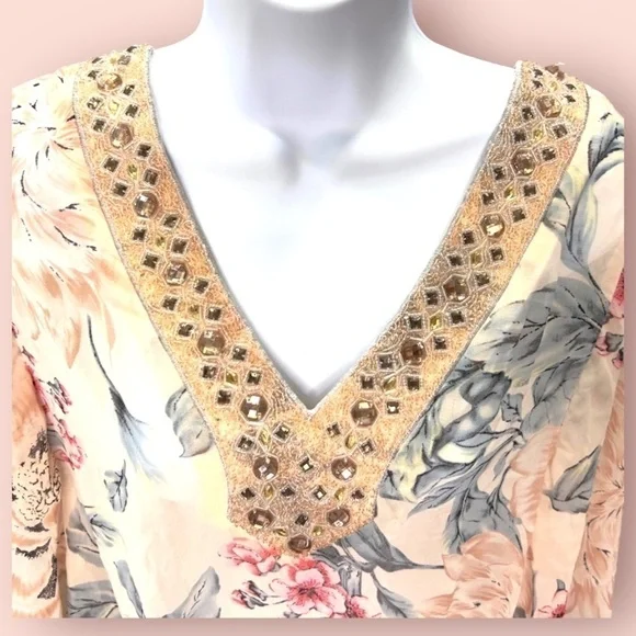 Studio Y Beaded Floral Blouse Medium Sheer Boho Top - Picture 3 of 9